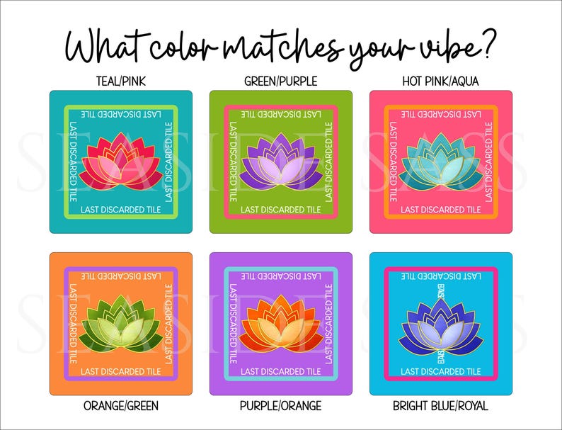 Puede incluir: Una pantalla gr&aacute;fica titulada What color matches your vibe? que presenta seis azulejos cuadrados con ilustraciones de flores de loto. Cada azulejo muestra el texto LAST DISCARDED TILE en un borde cuadrado alrededor de la flor.