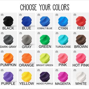 May include: A grid of colorful, abstract 3D-printed objects, each in a different shade, including black, blue, red, and green. The text "CHOOSE YOUR COLORS" is at the top, with color names below each object.