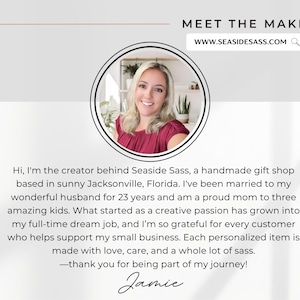 May include: Image featuring a smiling woman in a maroon top, framed in a circle, with the text "MEET THE MAKER" and "WWW.SEASIDESASS.COM". The text below introduces the creator of Seaside Sass, a handmade gift shop based in Jacksonville, Florida.