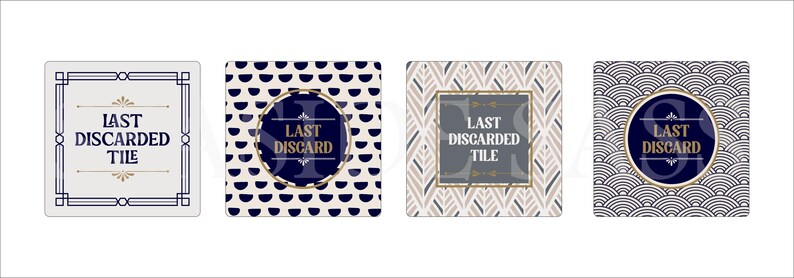 Peut inclure: Quatre sous-verres carr&eacute;s pr&eacute;sentant des motifs distincts et le texte "LAST DISCARDED TILE" ou "LAST DISCARD". Le premier est blanc avec une bordure bleu fonc&eacute;, le deuxi&egrave;me a des demi-cercles bleus, le troisi&egrave;me des feuilles grises et le quatri&egrave;me des vagues bleues.