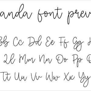 May include: A digital font preview titled Amanda font preview in a black cursive script on a white background. The image displays the full alphabet in both uppercase and lowercase letters, showcasing the thin, flowing, handwritten-style typeface.