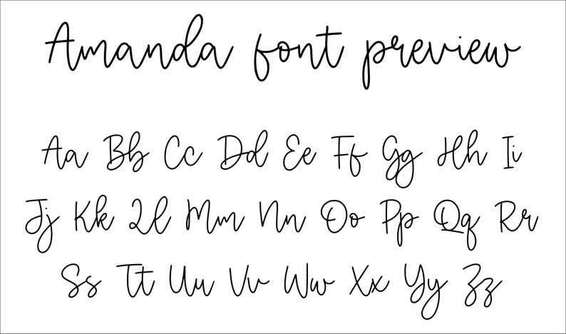 May include: A digital font preview titled Amanda font preview in a black cursive script on a white background. The image displays the full alphabet in both uppercase and lowercase letters, showcasing the thin, flowing, handwritten-style typeface.