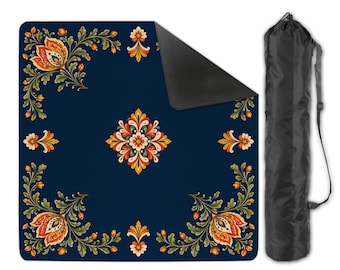Folk Art Mahjong Mat, Neoprene Mahjong Playing Mat, Premium Game Night Mat, Mahjong Gift, Orange and Blue Mahjong mat, Mahjong Accessories