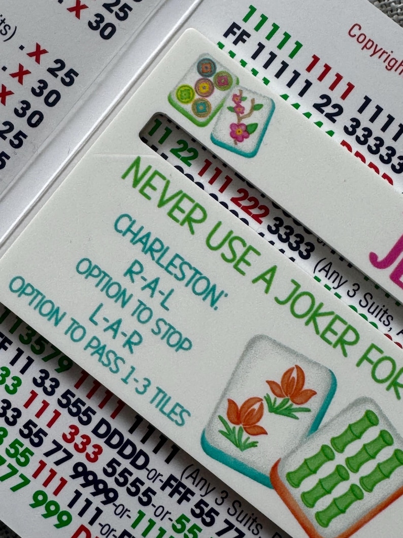 Pu&ograve; includere: Primo piano di una carta da Mahjong con il testo "NEVER USE A JOKER FOR". La carta presenta illustrazioni di tessere colorate e combinazioni di numeri. La carta &egrave; bianca con testo verde, rosso e nero.