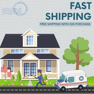 May include: A white delivery van with a red and blue mail logo drives down a street towards a yellow house with a blue roof. A mail carrier in a blue uniform runs towards the house with a package in hand. The text "FAST SHIPPING FREE SHIPPING WITH $35 PURCHASE" is displayed at the top of the image.