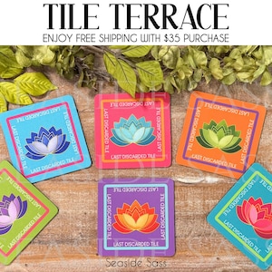 May include: Colorful square tiles with lotus flower designs in various colors, including blue, pink, orange, and green. Each tile has the text "LAST DISCARDED TILE" around the border. The text "TILE TERRACE" is at the top.
