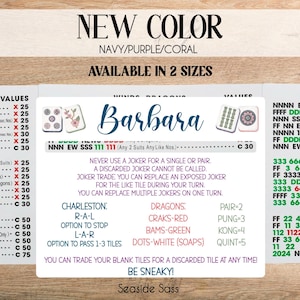 May include: A Mah Jongg score card featuring the name Barbara in blue script, surrounded by game rules, tile illustrations, and point values in black, red, green, and purple text. The card includes sections for winds, dragons, and Charleston instructions.