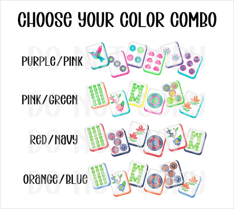 Pu&ograve; includere: Una visualizzazione grafica intitolata CHOOSE YOUR COLOR COMBO che mostra quattro file di tessere del mahjong. Ogni riga mostra una combinazione di colori: viola/rosa, rosa/verde, rosso/blu navy e arancione/blu. Le tessere presentano illustrazioni di colibr&igrave;, bamb&ugrave;, fiori e motivi circolari.