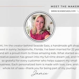 May include: A promotional image for Seaside Sass, a handmade gift shop. The image features a headshot of the shop owner, with the website address www.seasidesass.com. Text describes the shop's origin and the owner's gratitude.
