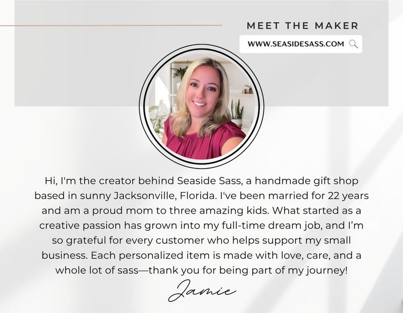 May include: A promotional image for Seaside Sass, a handmade gift shop. The image features a headshot of the shop owner, with the website address www.seasidesass.com. Text describes the shop's origin and the owner's gratitude.