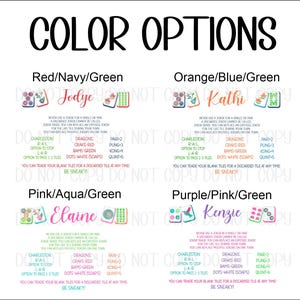 May include: A Mah Jongg reference card featuring four color options: Red/Navy/Green, Orange/Blue/Green, Pink/Aqua/Green, and Purple/Pink/Green. Each section displays game rules, tile illustrations, and names like Jodye, Kathi, Elaine, and Kenzie.