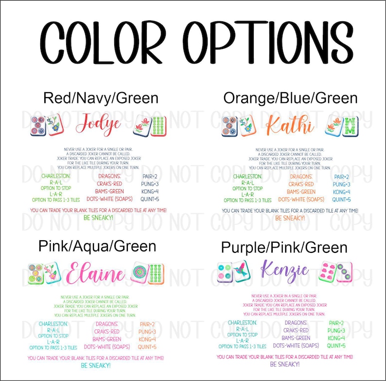 May include: A Mah Jongg reference card featuring four color options: Red/Navy/Green, Orange/Blue/Green, Pink/Aqua/Green, and Purple/Pink/Green. Each section displays game rules, tile illustrations, and names like Jodye, Kathi, Elaine, and Kenzie.