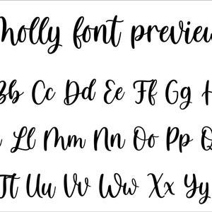 May include: A black digital font display titled Molly font preview, showcasing the complete alphabet in both uppercase and lowercase letters. The typeface features a flowing, cursive script style with consistent line thickness throughout.