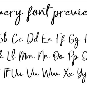 May include: A black digital font display titled Avery font preview, showcasing the complete alphabet in both uppercase and lowercase letters. The typeface features a handwritten, cursive style with fluid, connected strokes and varying line weights.