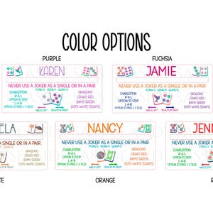 Pu&ograve; includere: Una grafica bianca con la scritta "COLOR OPTIONS" sopra sei disegni rettangolari. Ogni disegno presenta un nome, un colore e le istruzioni del gioco. I colori includono rosa, viola, fucsia, blu navy, ardesia, arancione e rosso.