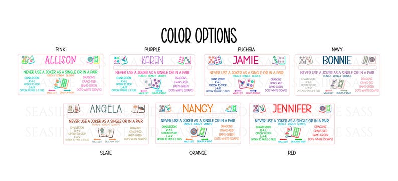 Pu&ograve; includere: Una grafica bianca con la scritta "COLOR OPTIONS" sopra sei disegni rettangolari. Ogni disegno presenta un nome, un colore e le istruzioni del gioco. I colori includono rosa, viola, fucsia, blu navy, ardesia, arancione e rosso.