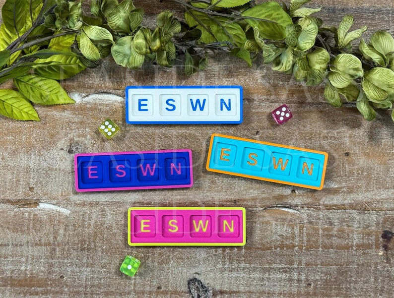 May include: Three rectangular game tiles featuring the letters E, S, W, and N in various color combinations: white with blue, blue with pink, orange with blue, and pink with yellow. Two small translucent dice are positioned near the tiles.