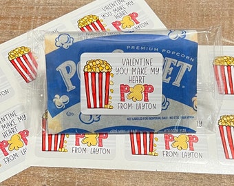 Valentine Popcorn Labels, Labels for Valentine Popcorn Snack boxes, Personalized Valentine Stickers, Personalized Stickers