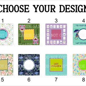 K&ouml;nnte beinhalten: Ein Bild mit dem Text "CHOOSE YOUR DESIGN" oben und acht quadratischen Designs darunter. Jedes Design hat ein einzigartiges Muster und Text, einschlie&szlig;lich floraler, geometrischer und illustrierter Elemente. Die Designs sind von 1 bis 8 nummeriert.