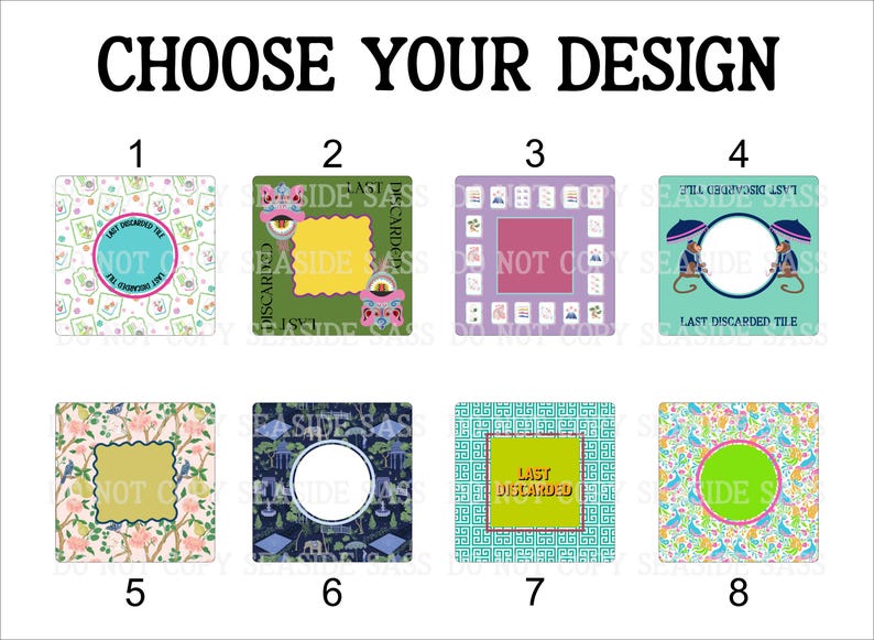 K&ouml;nnte beinhalten: Ein Bild mit dem Text "CHOOSE YOUR DESIGN" oben und acht quadratischen Designs darunter. Jedes Design hat ein einzigartiges Muster und Text, einschlie&szlig;lich floraler, geometrischer und illustrierter Elemente. Die Designs sind von 1 bis 8 nummeriert.