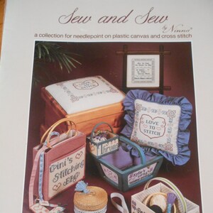 May include: A collection of needlepoint and cross-stitch items, including a wooden box, baskets, and a pillow, all featuring embroidered designs. The image includes text that reads "Sew and Sew by Ninna" and "Love to Stitch."