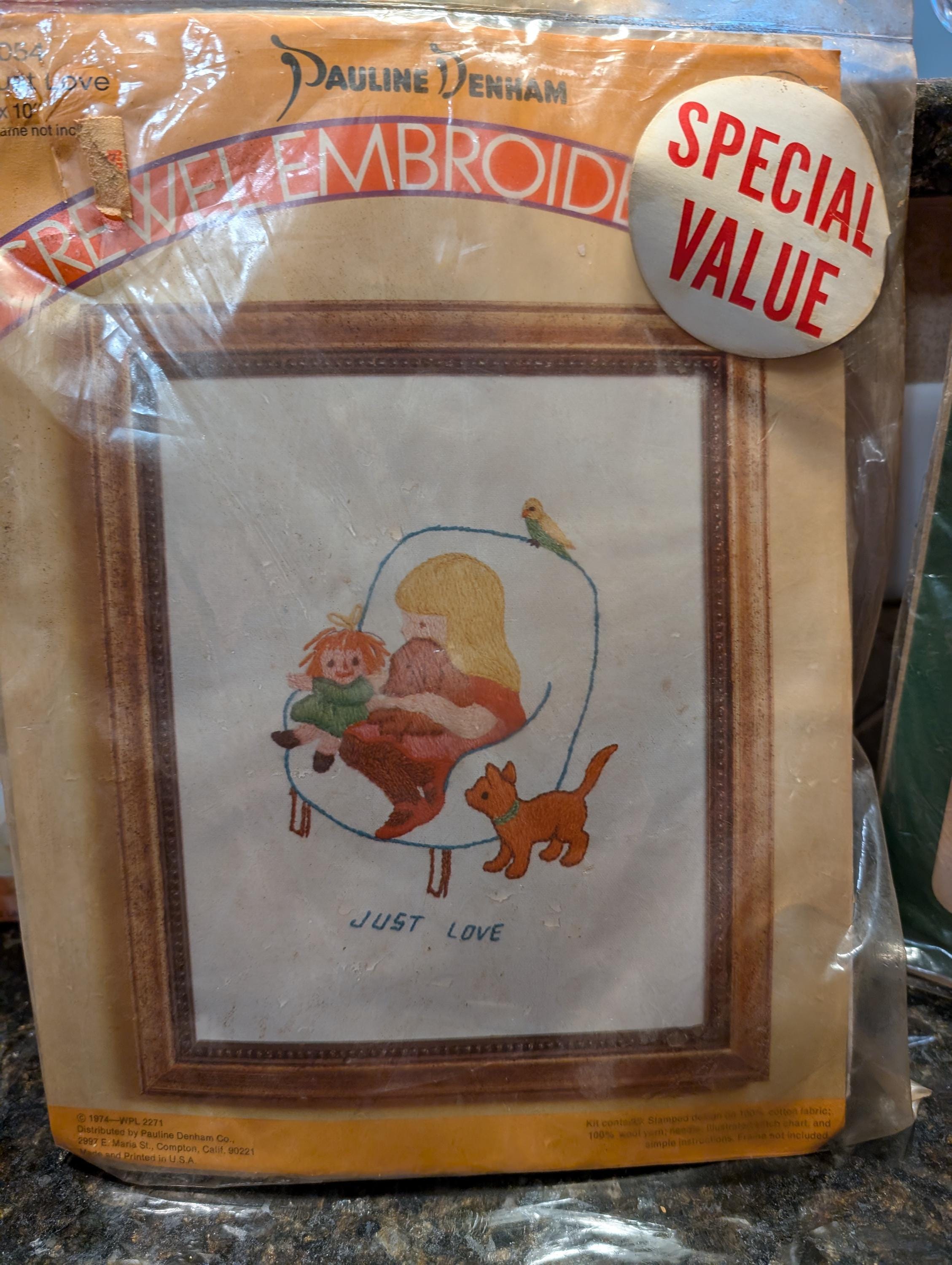 vintage 1974 Pauline Denham Crewel Embroidery Kit, Country