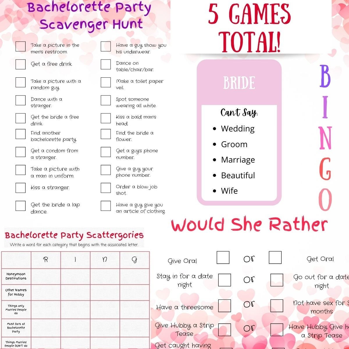 Bachelorette Party Games Bundle 5 Different Instant image image