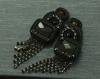 Black dangle earrings with rhinestone tassels, black onyx earrings, black crystal earrings, statement glossy earrings, evening glow earrings