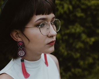 Pink gray tassel earrings, tassel jewelry, fuchsia earrings, long soutache earrings, oriental pink tassel, long fringe earrings, boho style