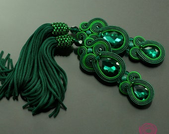 Green tassel earrings Emerald II, greenery soutache earrings, long tassel earrings boho earrings statement earrings beaded tassel earrings