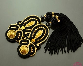 Gold black tassel earrings, unique soutache earrings, statement black earrings with tassel, long boho earrings, black gold fringe earrings