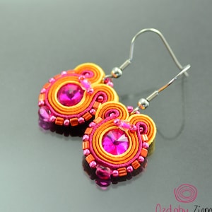 Small Pink Orange Soutache Earrings, Hot Pink Soutache Earrings, Orange Soutache Jewelry, Orecchini Soutache, Orange Pink Oriental Earrings