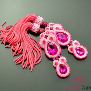 Hot pink tassel earrings, large pink boho soutache earrings for wedding, big long bohemian earrings with tassels, orecchini soutache