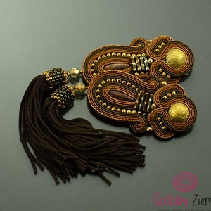 Bollywood brown and gold tassel earrings, long soutache earrings with brown tassels, big boho earrings, large gipsy brown earrings image 2