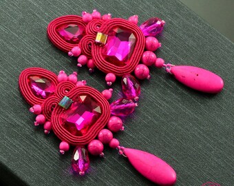 fuchsia clip-on earrings, hot pink earrings, funky earrings, pink boho earrings, long earrings pink, soutache earrings clip on earrings pink