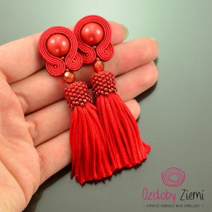 Red tassel earrings, red soutache earrings, red dangle earrings, clip on soutache, cute unique earrings, red boho earrings, short red tassel