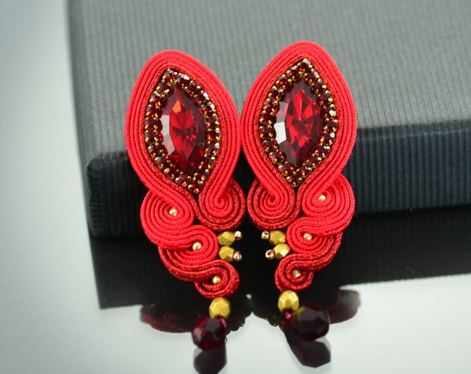 Clip on Red Earrings Soutache Earrings Unique Jewelry Gold Etsy