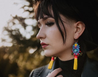 colorful tassel earrings, funky earrings, boho earrings, summer earrings, crazy colorful tassel, fringe earrings, tassel jewelry, crystal