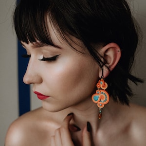 Long Turquoise Orange Dangle Earrings, Long Dangle Soutache Earrings, Turquoise Earrings, Dangling Embroidered Earrings, Soutache Earrings