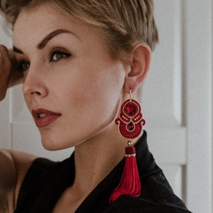 Long Red and gold tassel earrings, red big soutache earrings, red gold dangle earrings, large red boho unique earrings, red fringe earrings