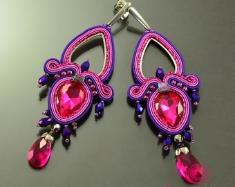 rosa soutache Ohrringe, lila rosa Kronleuchter Ohrringe, lange fuchsia Kristall Ohrringe, große Ohrhänger, pinke Statement Ohrringe