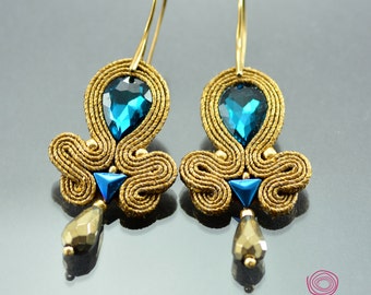 Spring old gold and sapphire earrings, long golden blue boho earrings, crystal sapphire dangle earrings, glossy blue soutache earrings