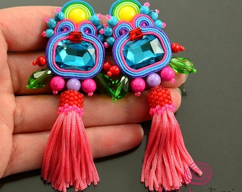 colorful tassel earrings, funky earrings, boho earrings, summer earrings, crazy colorful tassel, fringe earrings, tassel jewelry, crystal