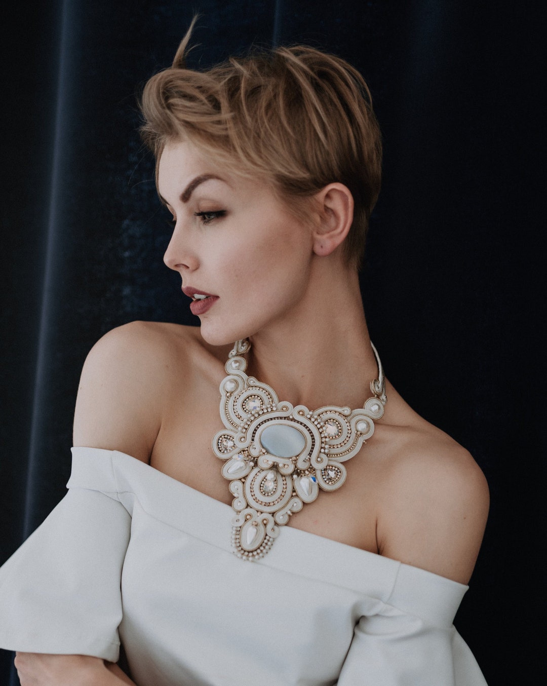 Ivory Chain Weddind Ivory and Gold Necklace, Ivory Soutache Necklace, White ...