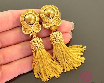 Gold tassel earrings, soutache earrings, gold earrings, short boho earrings, shiny earrings, gold fringe earrings, evening earrings, luxury