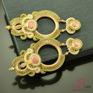 Beige golden boho earrings, bridal statement earrings, boho soutache earrings for bride, big long creamy hoop earrings, bridesmaid earrings