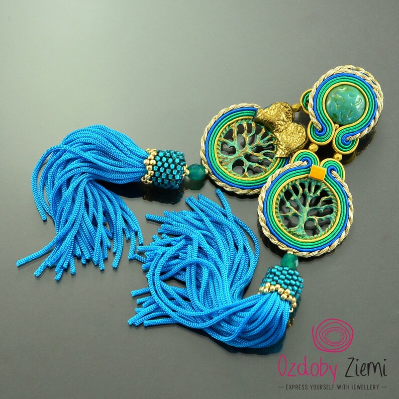 Green Gold Tassel Earrings Long Turquoise Tassel Big Unique Etsy