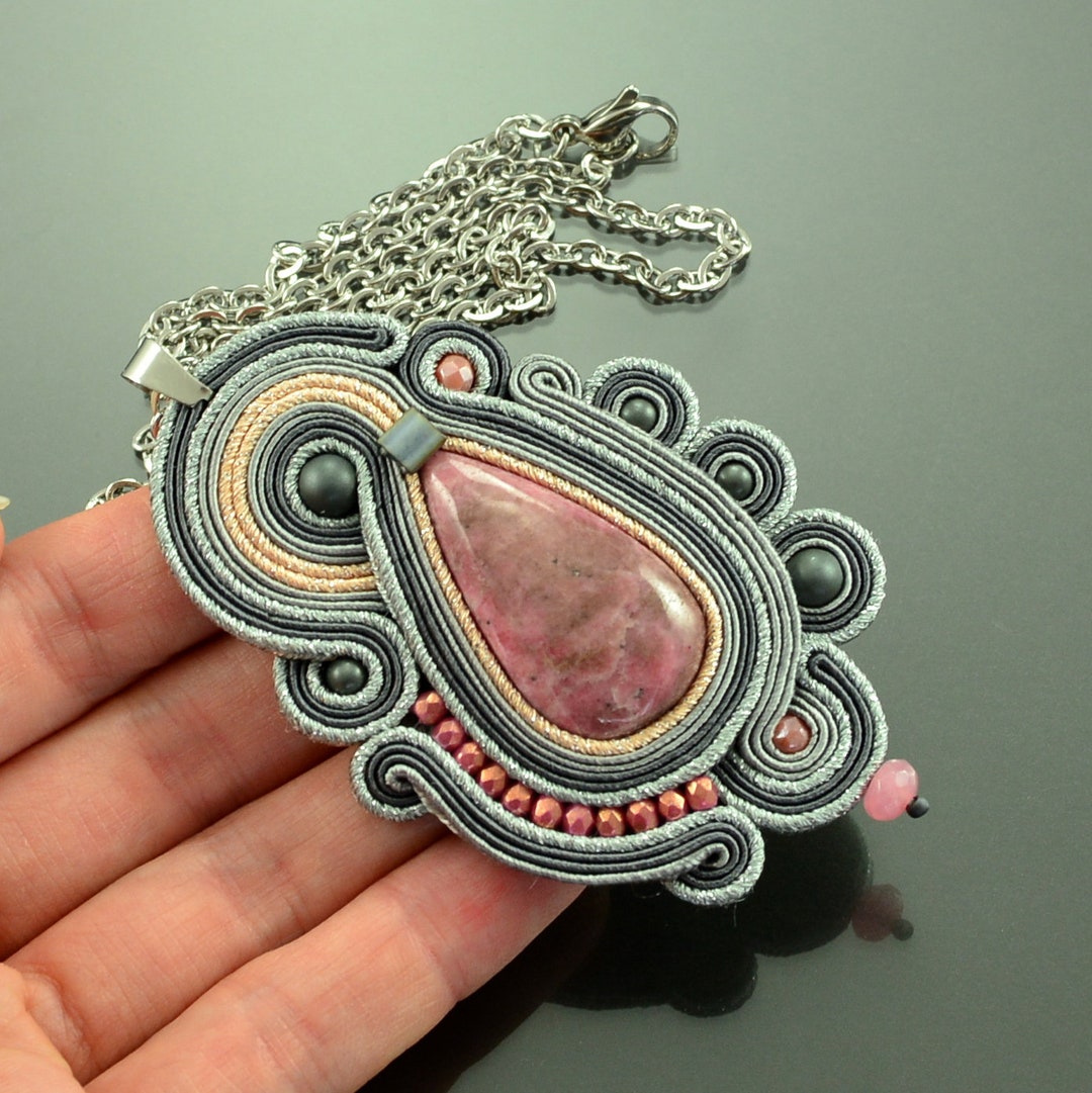Gray Pink Rhodonite Soutache Necklace, Pink Gemstone Necklace, Handmade ...