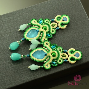 soutache earrings, statement creamy blue and green glow chandelier earrings, dangle long earrings, blue green crystal earrings for wedding