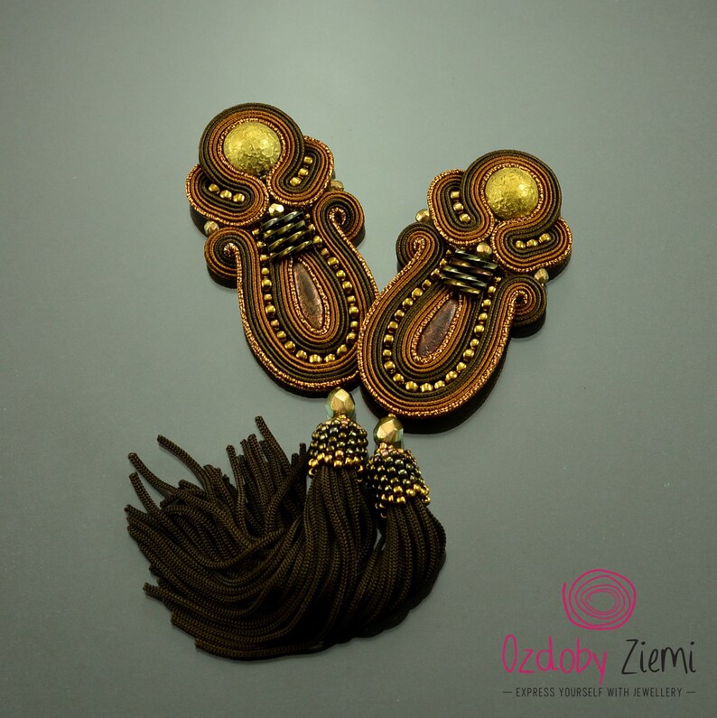 Bollywood brown and gold tassel earrings, long soutache earrings with brown tassels, big boho earrings, large gipsy brown earrings image 8